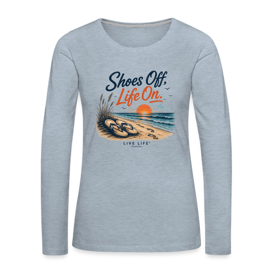 Shoes Off. Life On.™ Coastal Graphic Women's Premium Long Sleeve T-Shirt - heather ice blue