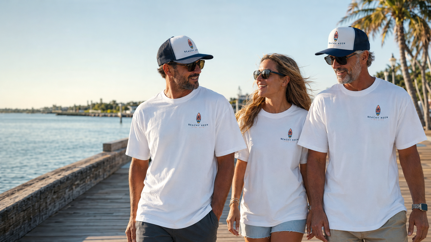 Friends wearing actual Beachy Keen® Signature Series shirts and caps on a waterfront walk