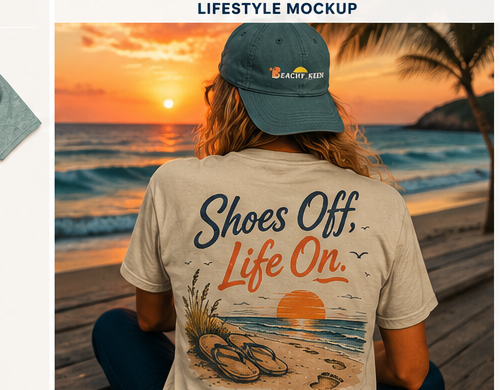Shoes Off, Life On. beach tee lifestyle mockup at sunset