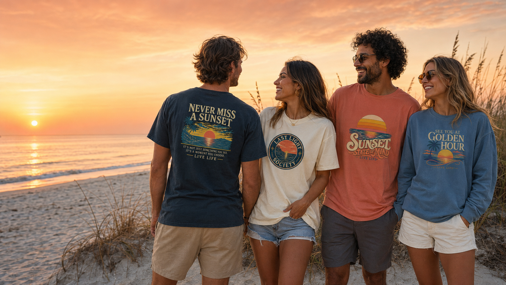 Friends wearing actual LIVE LIFE® Sunset Collection apparel on the beach at golden hour